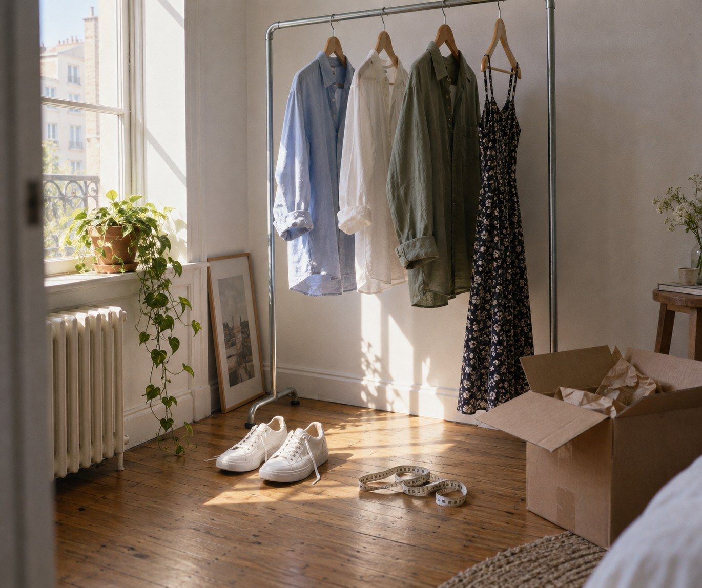 Clothes rail with shirts and a dress by a window, white sneakers and an open cardboard box on the floor