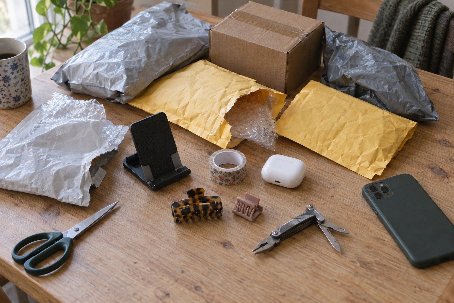 Wooden table covered with opened mailers and a small box, earbuds, a phone stand, hair clips and scissors