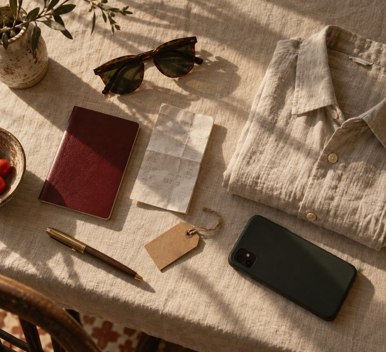 Passport, receipt, price tag, sunglasses and a linen shirt on a table in afternoon light